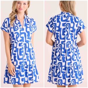 THML | NEW Blue White Abstract Print Short Sleeve Tiered Dress Small